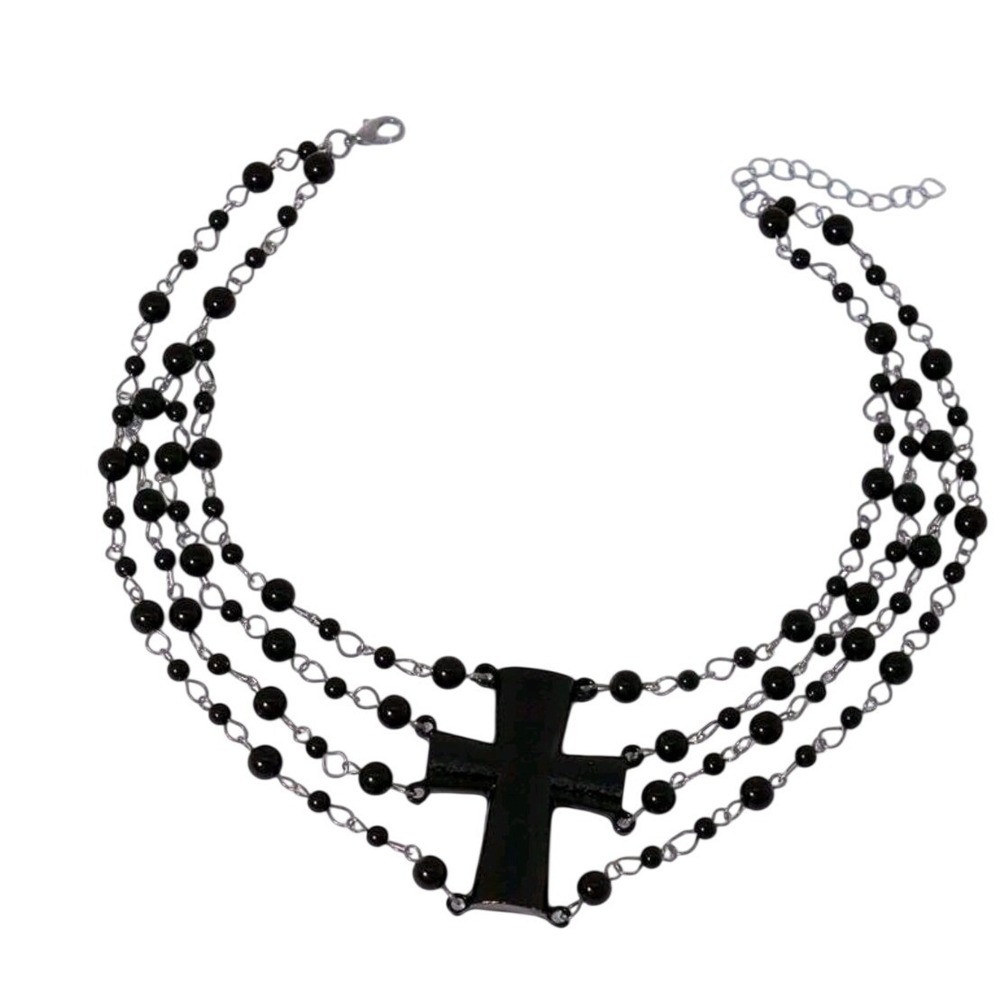 Black Multi Strand Cross Choker Necklace Gothic Beaded Layered Punk Alt Jewelry